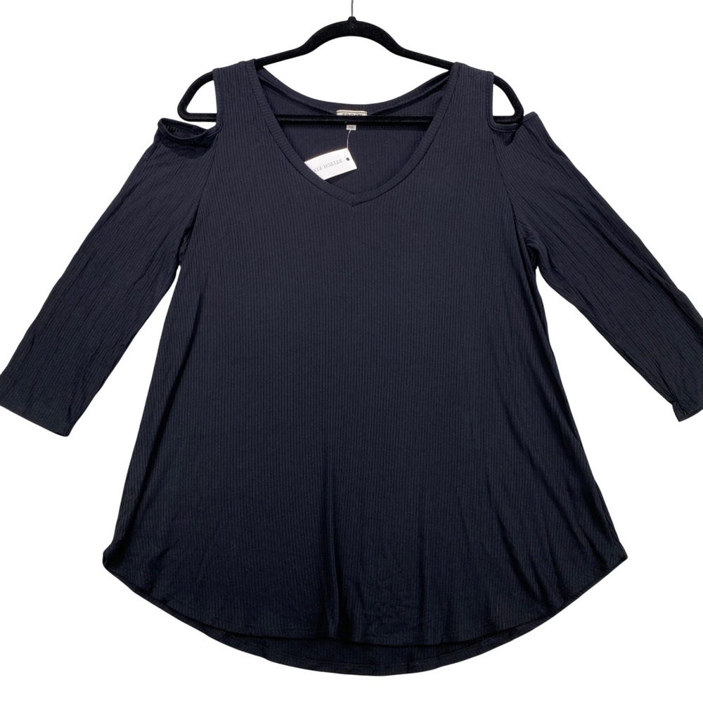 FROXX Black Cold Shoulder‎ Ribbed V Neck Tunic Top XXL Plus Size